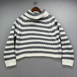 Elan Sweater Women Medium Grey White Striped Chunky Knit Turtleneck Quiet Luxury